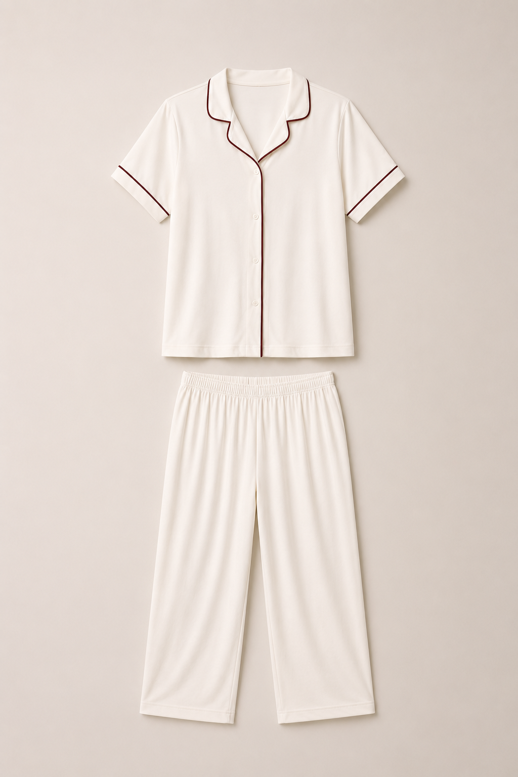 Pijama Pima blanco/Modal Crudo con línea Vino Tinto