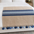 Pie De Cama Azul Pompones Laterales Antigua Decor