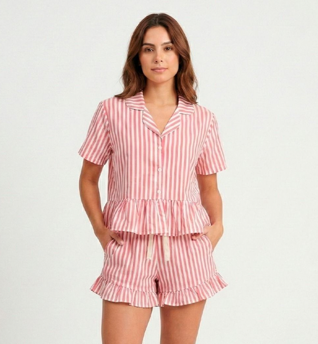 Pijama Chalis Short Rayas Fucsia
