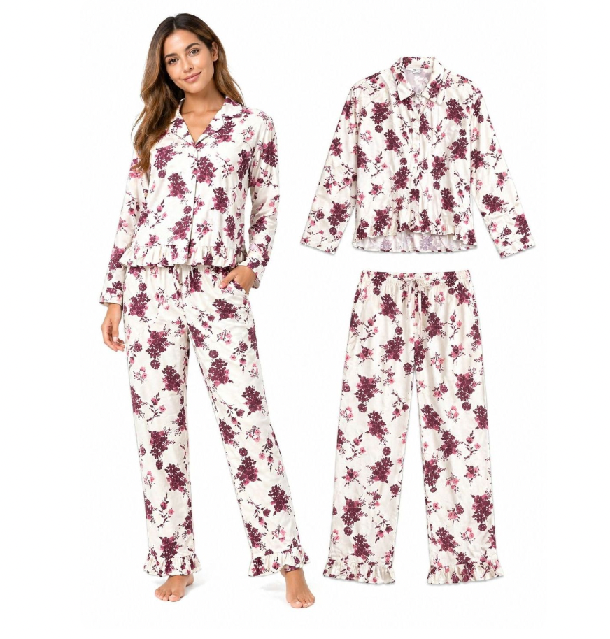 Pijama Chalis Flores Rojo Vino