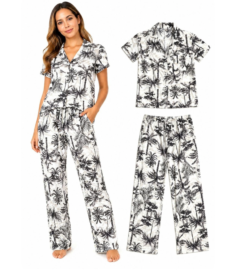 Pijama Chalis Estampado Palmera Ivory Black