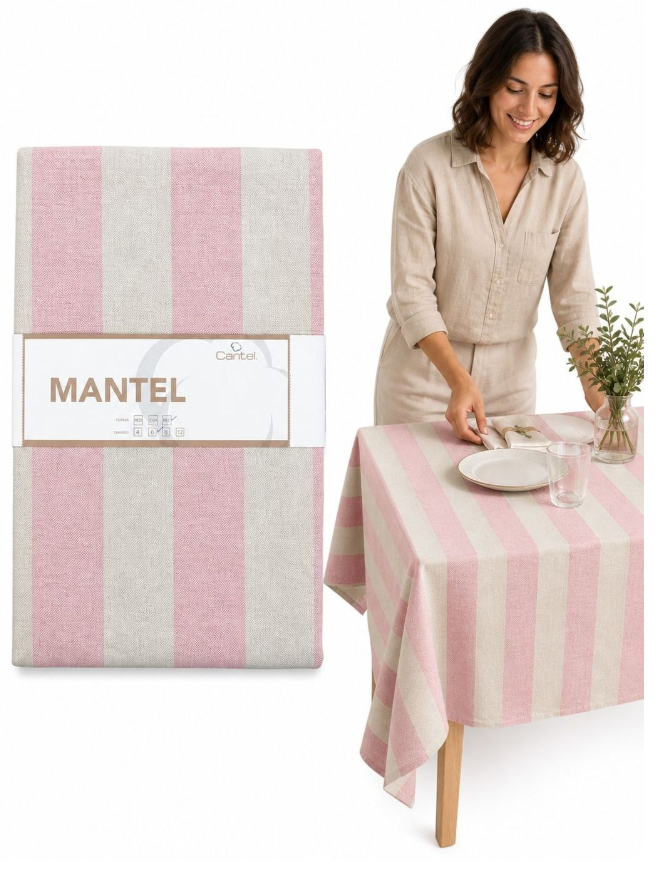 Mantel Rectangular Franjas Rosado y color natural