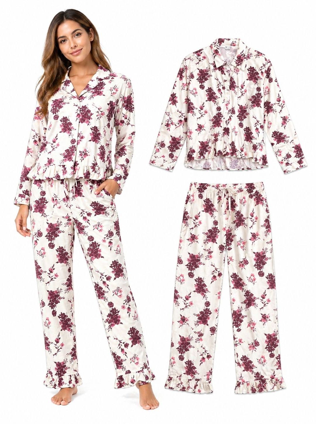 Pijama Chalis Flores Rojo Vino