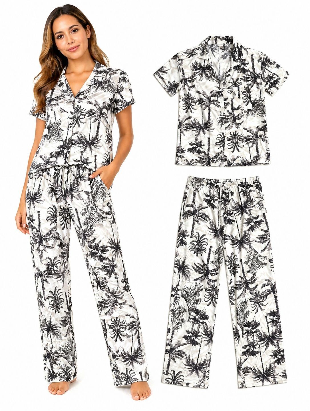 Pijama Chalis Estampado Palmera Ivory Black