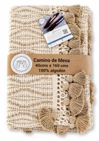 Camino De Mesa Combas Con Macramé Pompones  Beige Verde