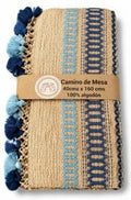 Camino De Mesa Guardas Macramé Con Pompones Jaspeado Azul